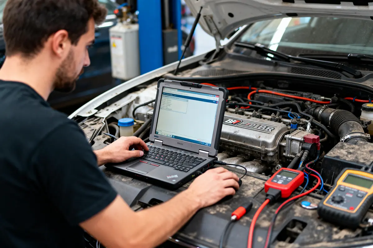 Mécanicien diagnostic voiture avec ordinateur portable, capot ouvert; outils et câbles visibles, garage en arrière-plan.