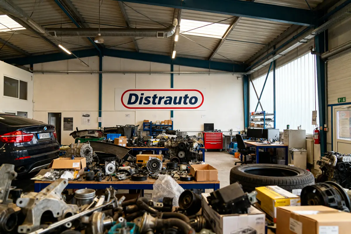 Atelier mécanique Distrauto avec pièces détachées, équipement automobile, établi et voiture noire à l'intérieur.