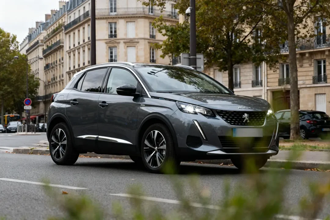 SUV Peugeot gris stationné sur une rue urbaine, bâtiments en arrière-plan, arbres et feuillage autour.