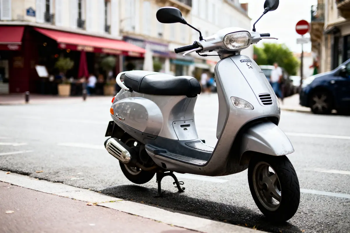 Scooter argenté stationné dans une rue urbaine, fond avec café et passants flous.