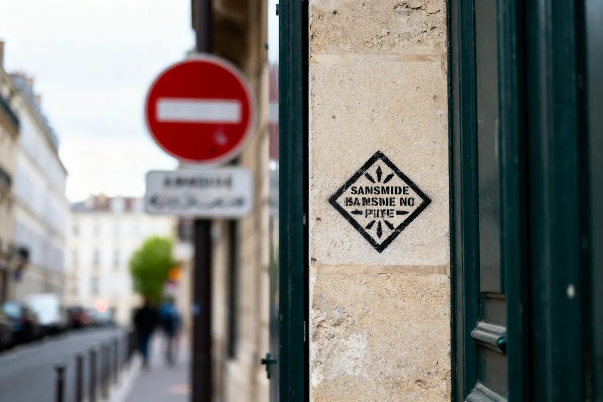 Inscription murale carré noir, rue avec panneau sens interdit flou en arrière-plan, atmosphère urbaine.