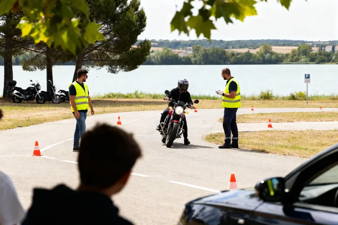 Motard effectuant un examen pratique sous supervision, avec cones de signalisation et spectateurs en arrière-plan.