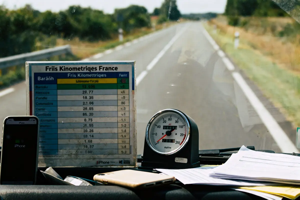 Un tableau de tarifs kilométriques sur un tableau de bord de voiture avec compteur et papiers.
