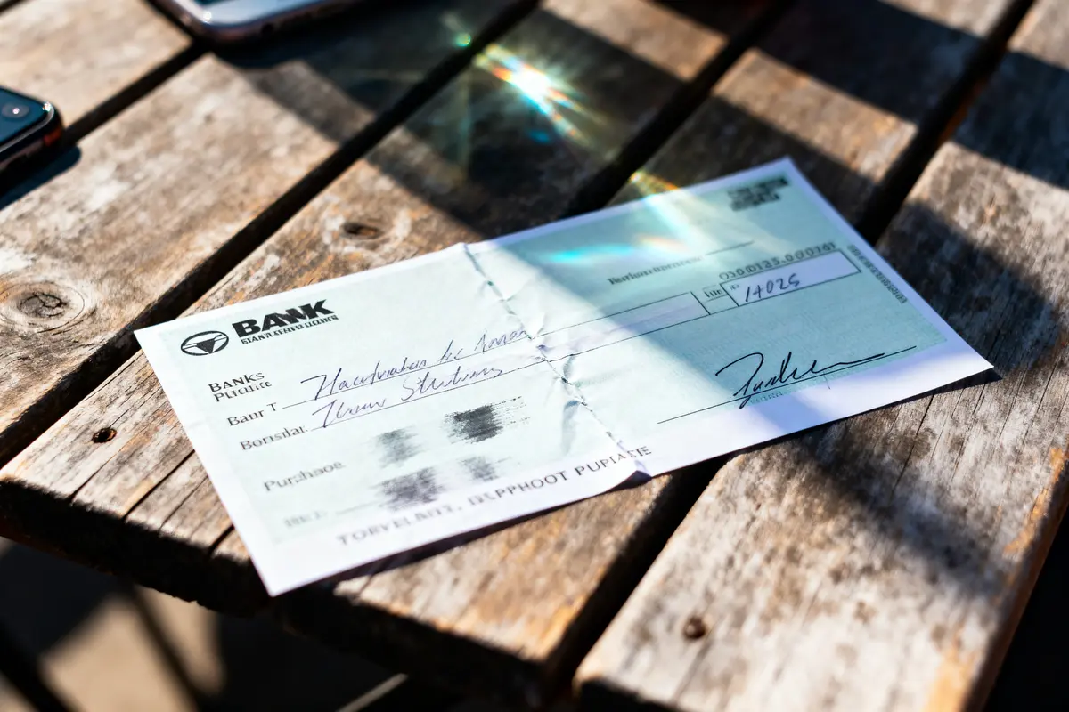 Chèque sur une table en bois avec signature et informations bancaires visibles.