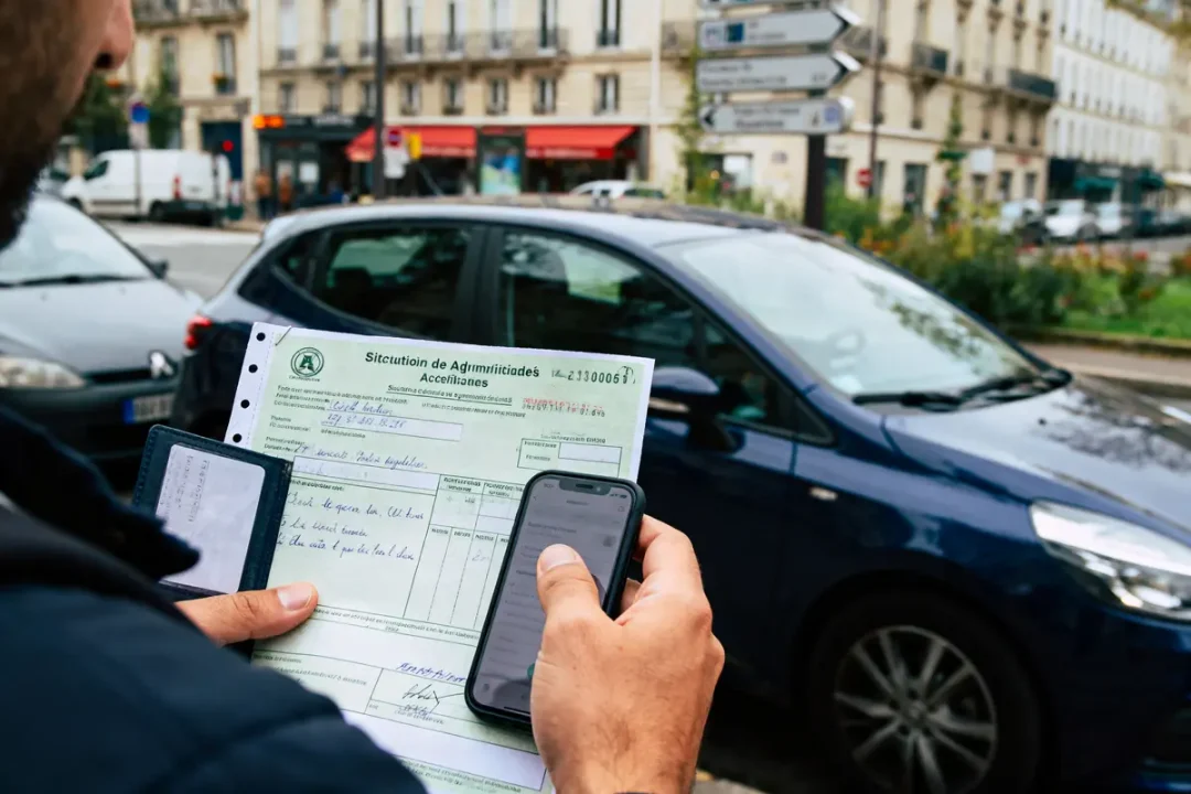 Personne tenant un formulaire administratif et un smartphone devant une voiture bleue en ville.