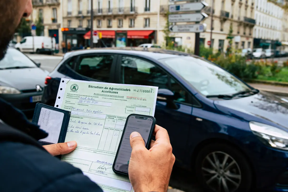 Personne tenant un formulaire administratif et un smartphone devant une voiture bleue en ville.