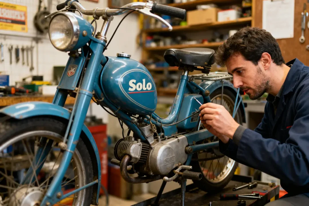 Homme réparant cyclomoteur bleu ancien dans un atelier mécanique, outils visibles en arrière-plan.