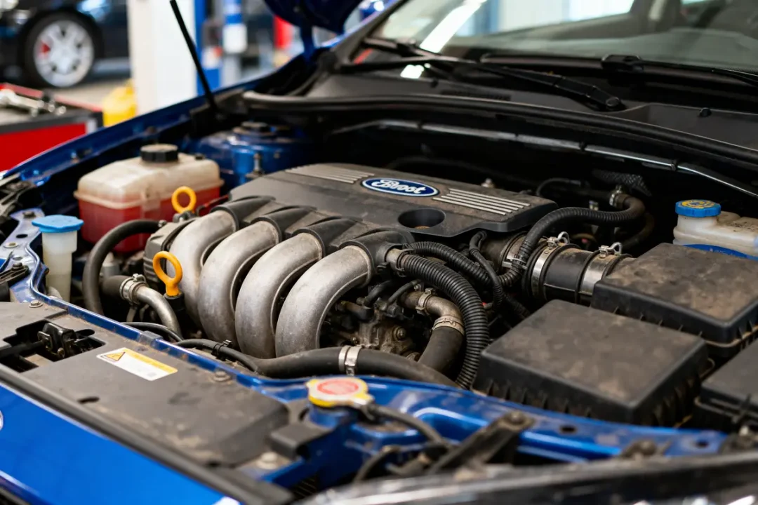 Compartiment moteur d'une voiture Ford avec composants visibles et détails mécaniques.