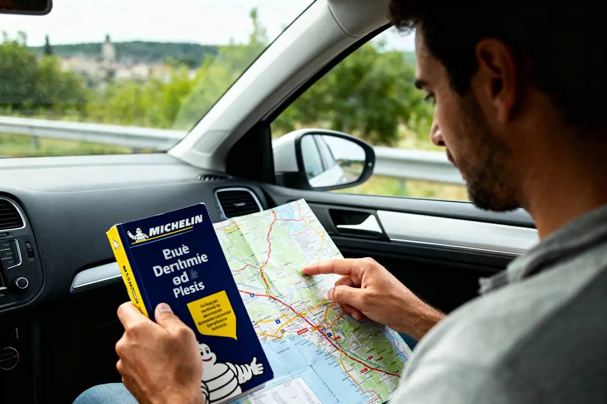 Homme lisant une carte Michelin dans une voiture, indiquant une destination.