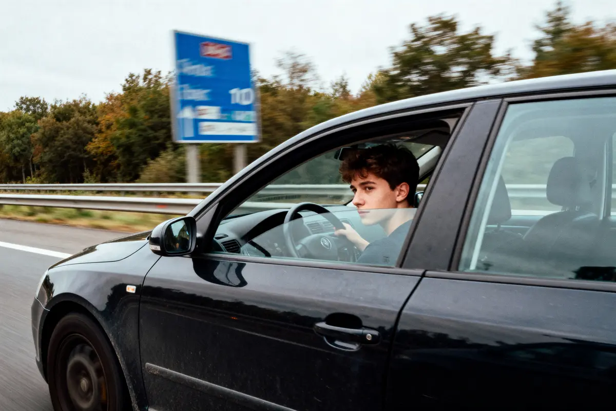 Jeune homme conduisant une voiture noire sur une autoroute près d'un panneau routier flou.