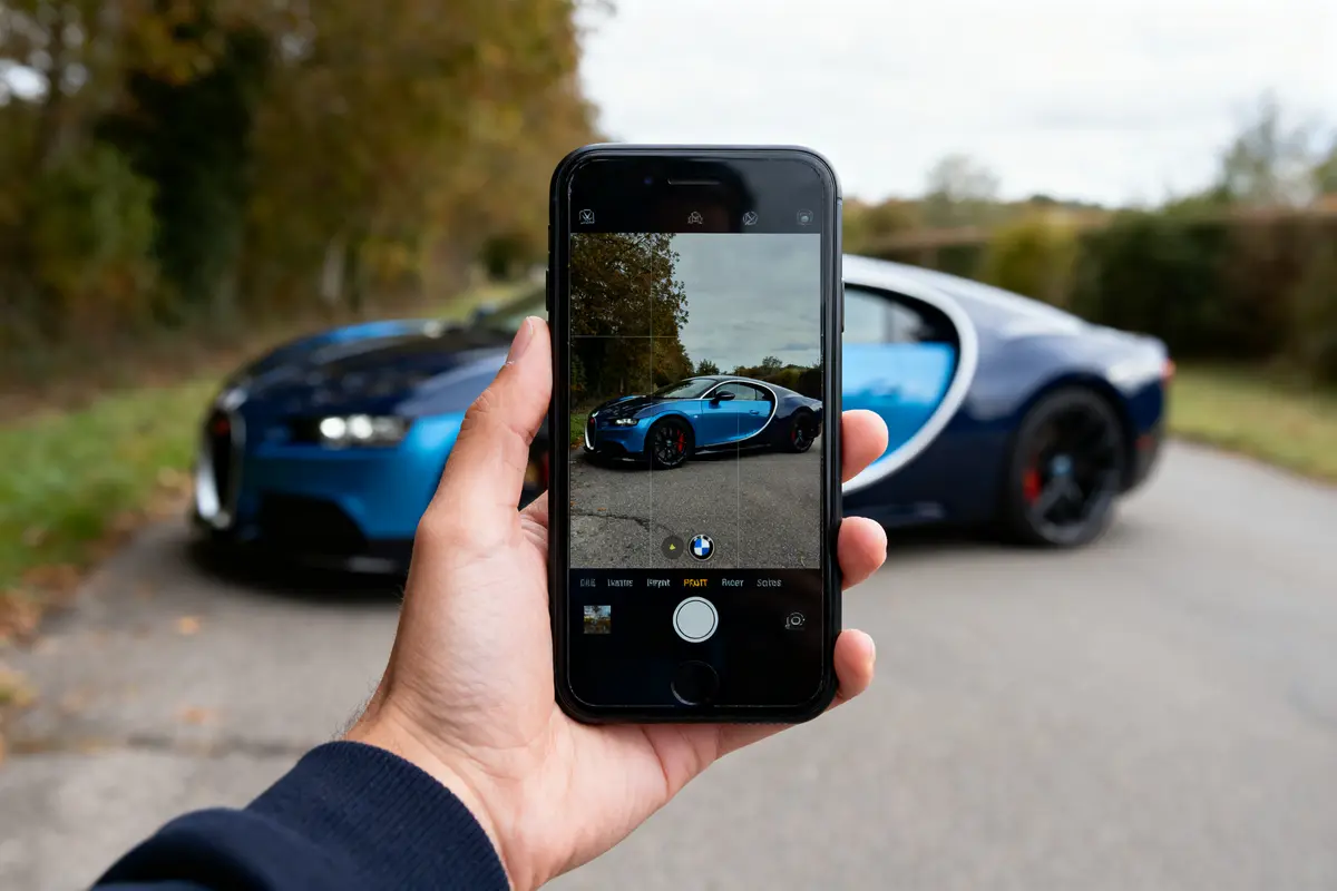 Main tenant un smartphone photographiant une voiture de sport bleue garée sur une route bordée d'arbres.