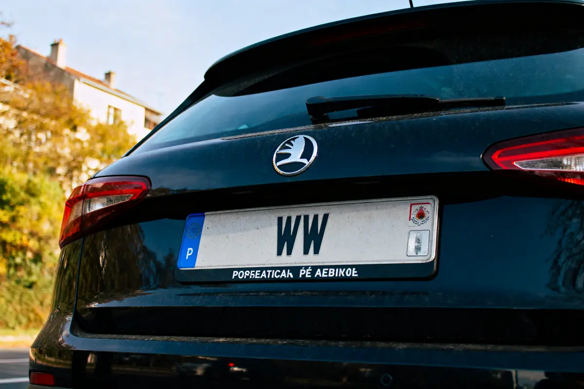 Voiture noire avec plaque d'immatriculation "WW", logo Škoda, arrière-plan flou de bâtiments.
