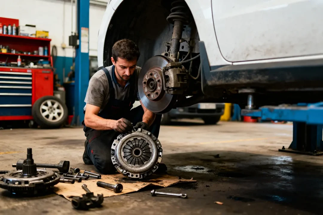 Mécanicien répare un véhicule, inspectant un embrayage au garage. Outils et pièces détachées au sol.