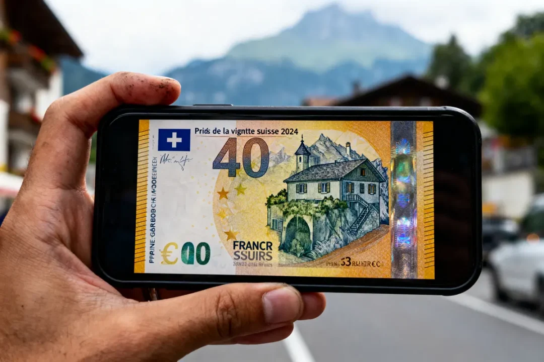 Une main tient un téléphone, affichant une vignette suisse fictive de 40 unités. Montagnes floues en arrière-plan.