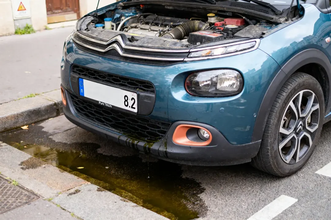 Voiture Citroën avec capot ouvert, fuite de liquide vert sur la route.