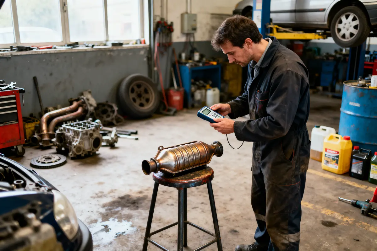 Mécanicien inspectant une pièce automobile dans un garage, avec divers outils et véhicules en arrière-plan.