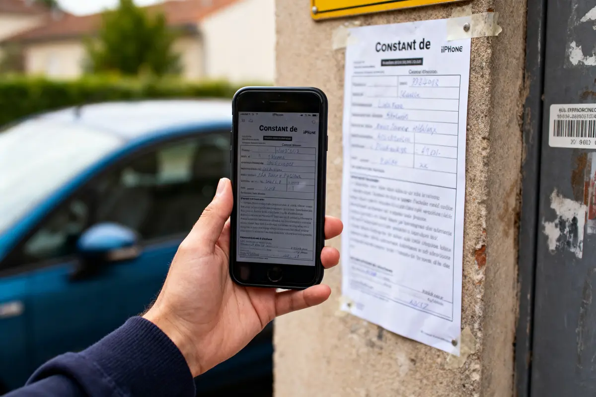 Personne photographie un formulaire collé au mur avec un smartphone, une voiture bleue en arrière-plan.