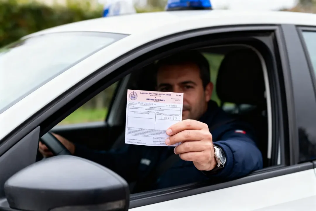 Homme montrant une amende depuis une voiture avec sirène bleue, fenêtre baissée.