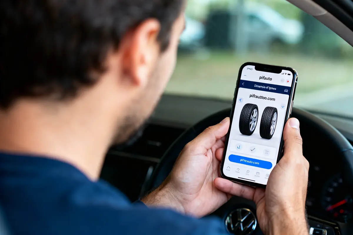 Homme dans une voiture utilisant un smartphone pour consulter un site de pneus en ligne.