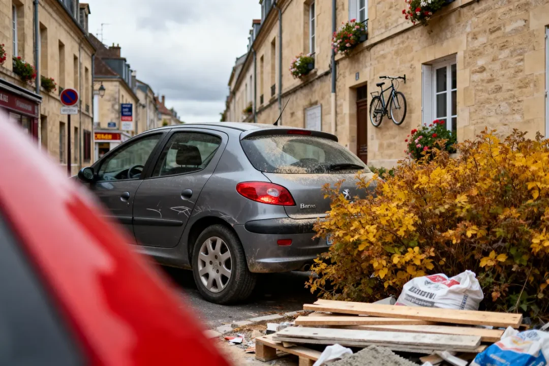 Voiture grise stationnée près de buisson jaune, rue pavée, vélo accroché au mur. Déchets de construction au sol.