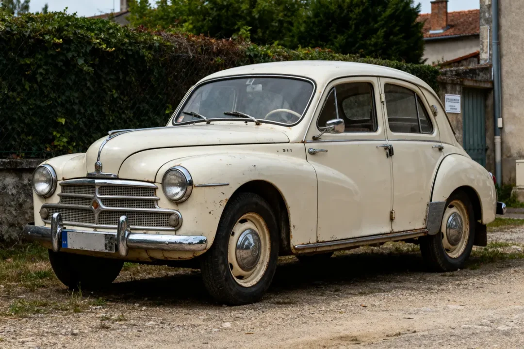 Voiture ancienne blanche garée sur un chemin, entourée de végétation et de bâtiments en arrière-plan.