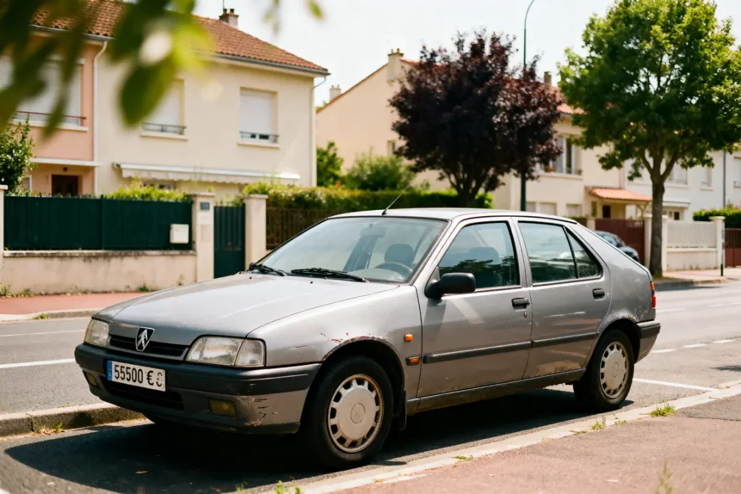 Voiture grise ancienne, éraflée, stationnée devant maison résidentielle avec arbres. Plaque affichant "55500 €".