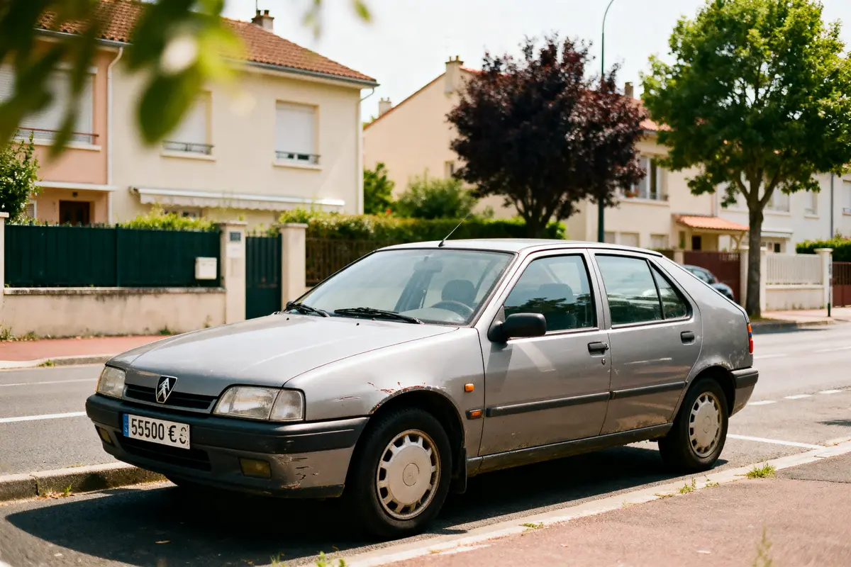 Voiture grise ancienne, éraflée, stationnée devant maison résidentielle avec arbres. Plaque affichant "55500 €".