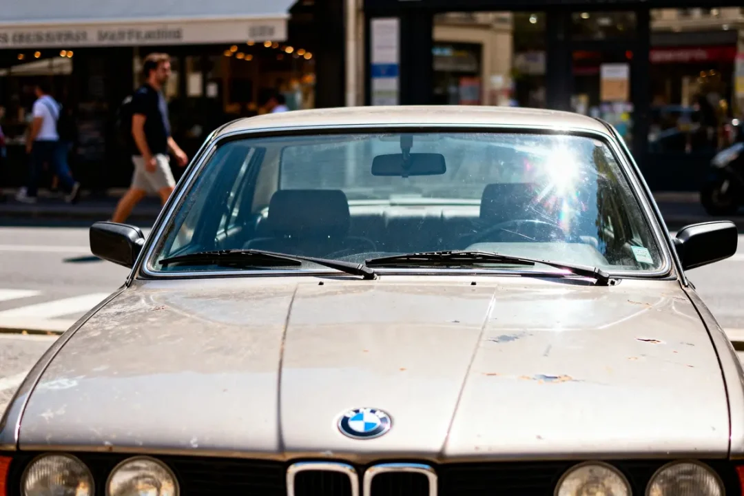 Vieille BMW e28 automatic vue de face en ville avec reflets de soleil