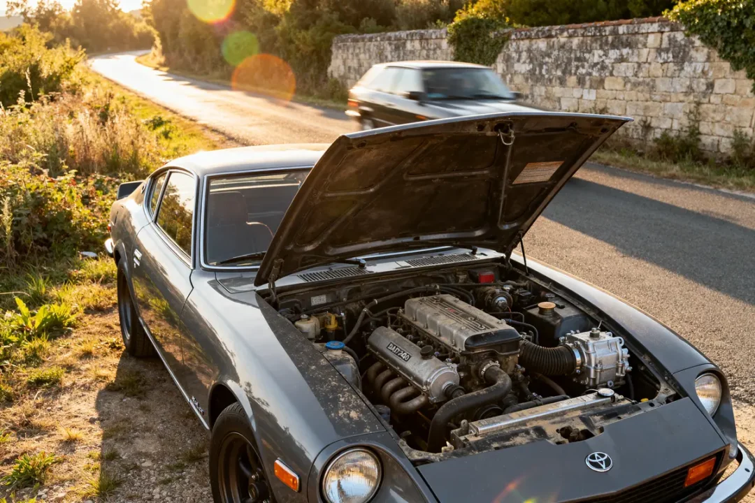 Datsun 240z automatic avec capot ouvert sur une route ensoleillée