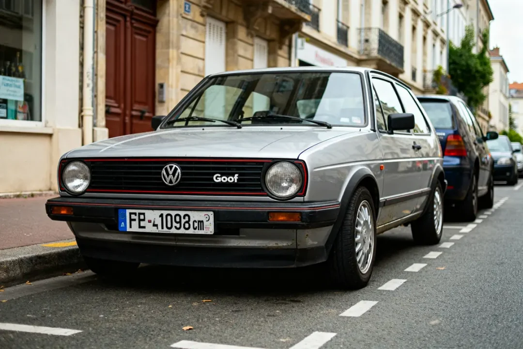 Voiture Volkswagen Golf 1 1 1 grise garée en ville sur une rue étroite