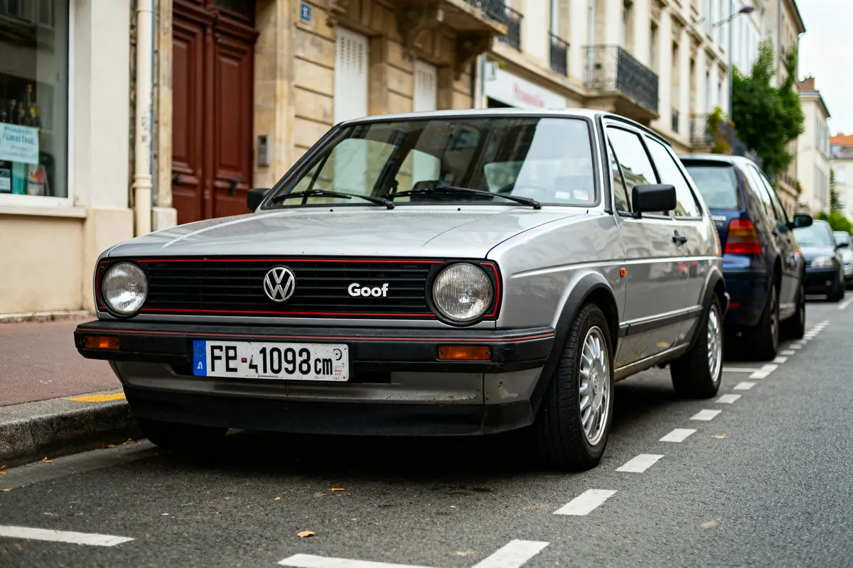 Voiture Volkswagen Golf 1 1 1 grise garée en ville sur une rue étroite