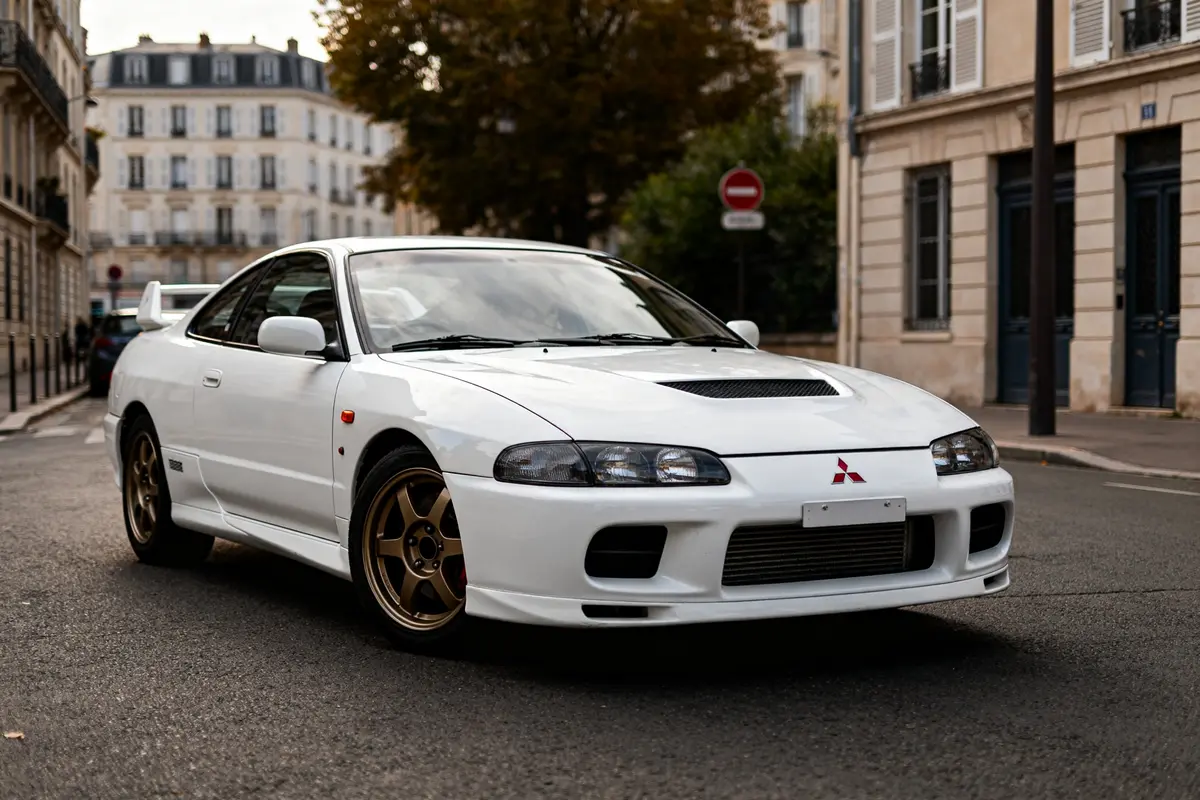Voiture blanche Mitsubishi FTO coupé garée dans une rue résidentielle française