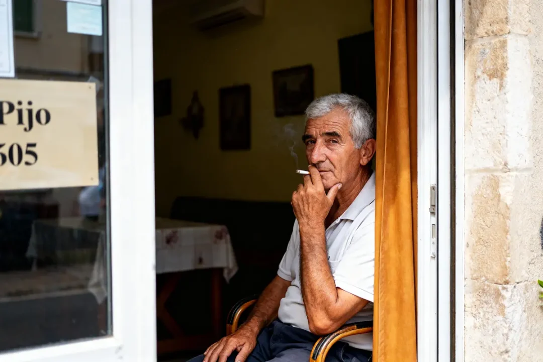 Un homme âgé fume à l'entrée du café Pijo 505