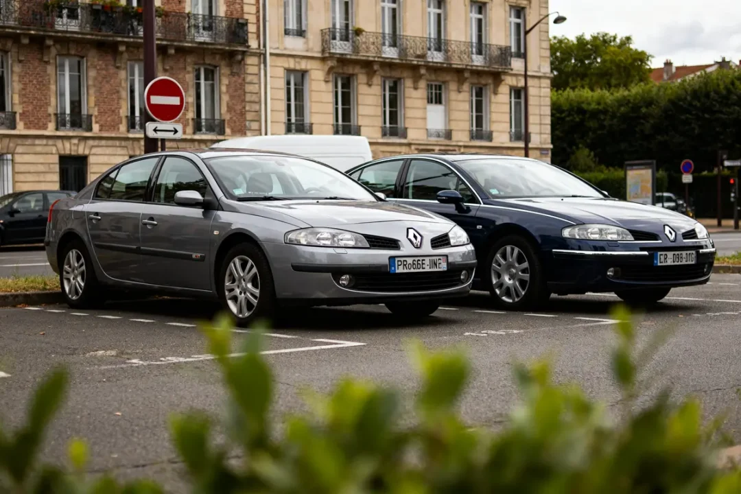 Deux Renault Laguna cars garées dans un parking urbain près d'un immeuble résidentiel