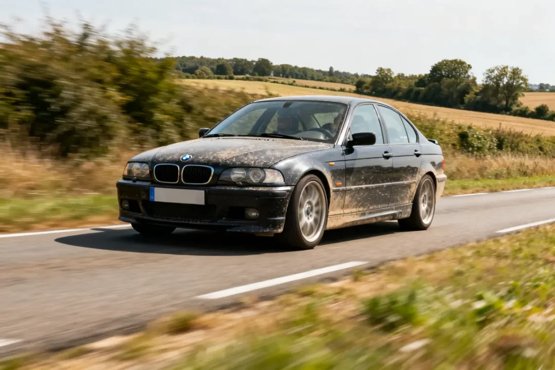 BMW E46 noire couverte de boue sur route de campagne verdoyante