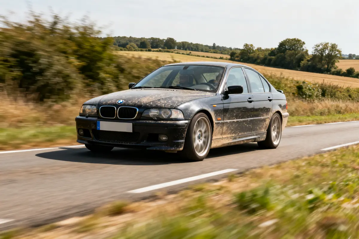 BMW E46 noire couverte de boue sur route de campagne verdoyante