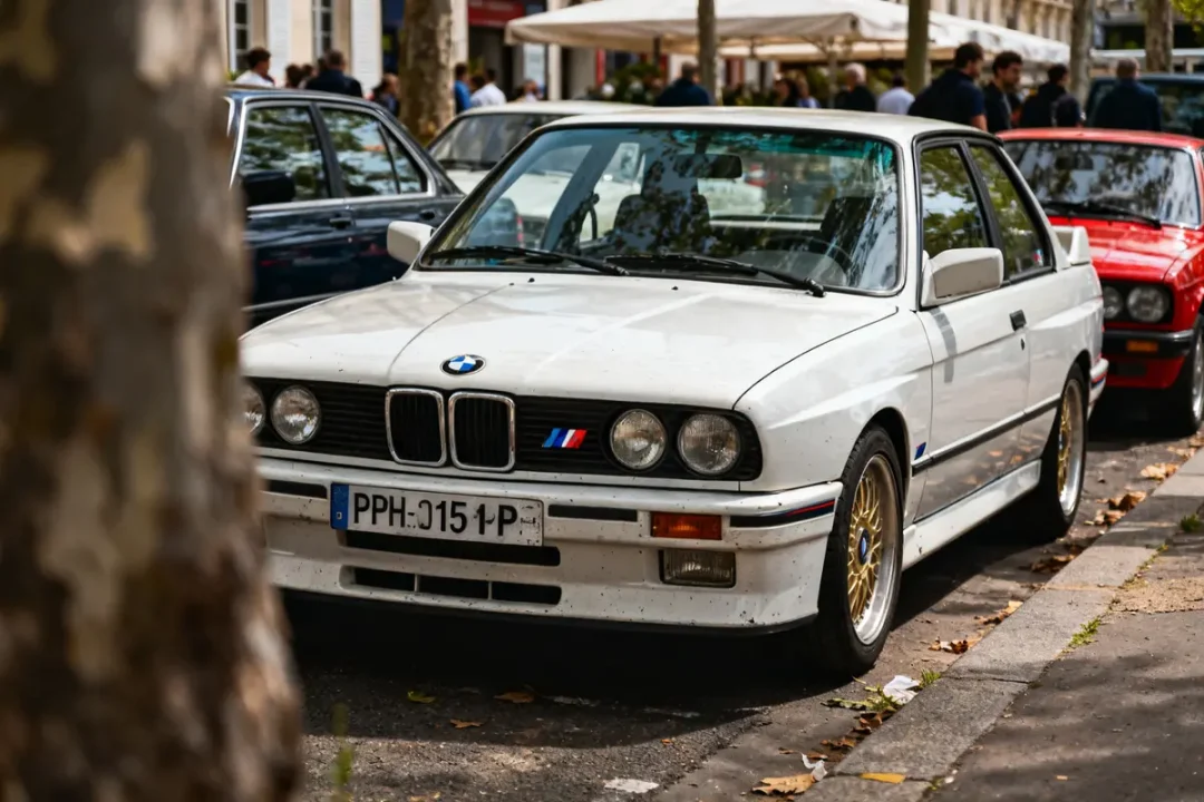 BMW M3 E30 blanche stationnée sur une rue bordée d'arbres en ville