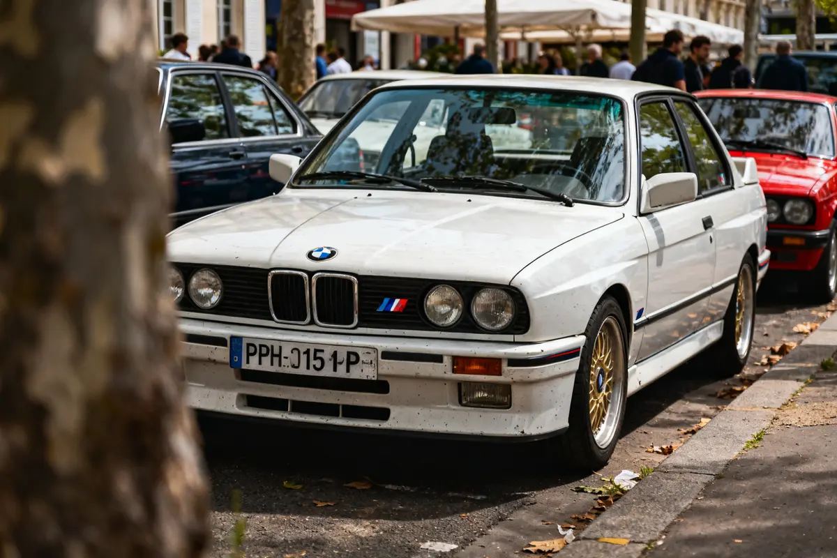 BMW M3 E30 blanche stationnée sur une rue bordée d'arbres en ville