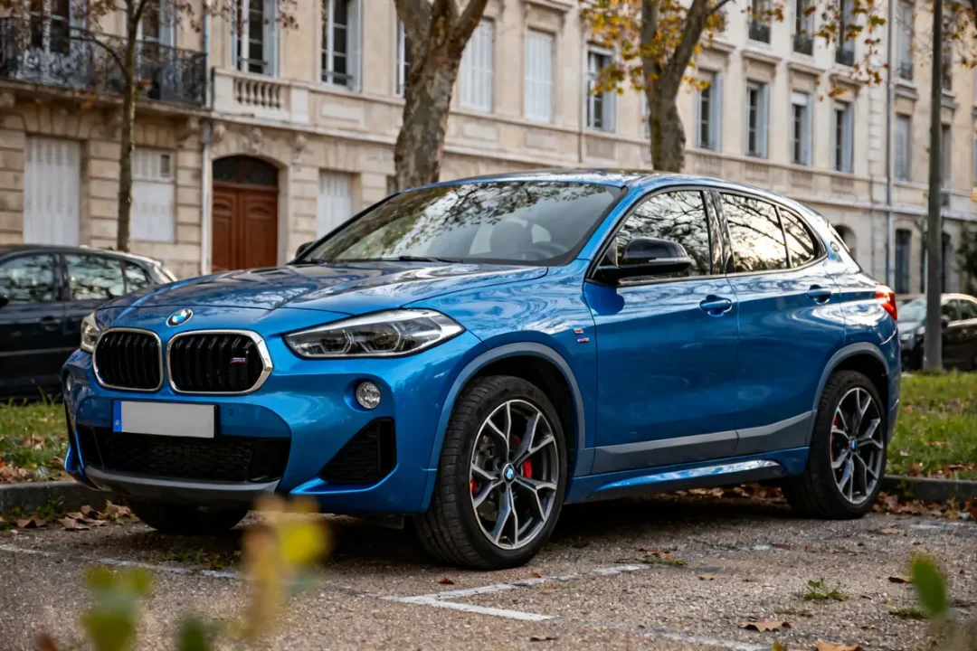 BMW X2 car bleu garée devant un immeuble résidentiel en automne