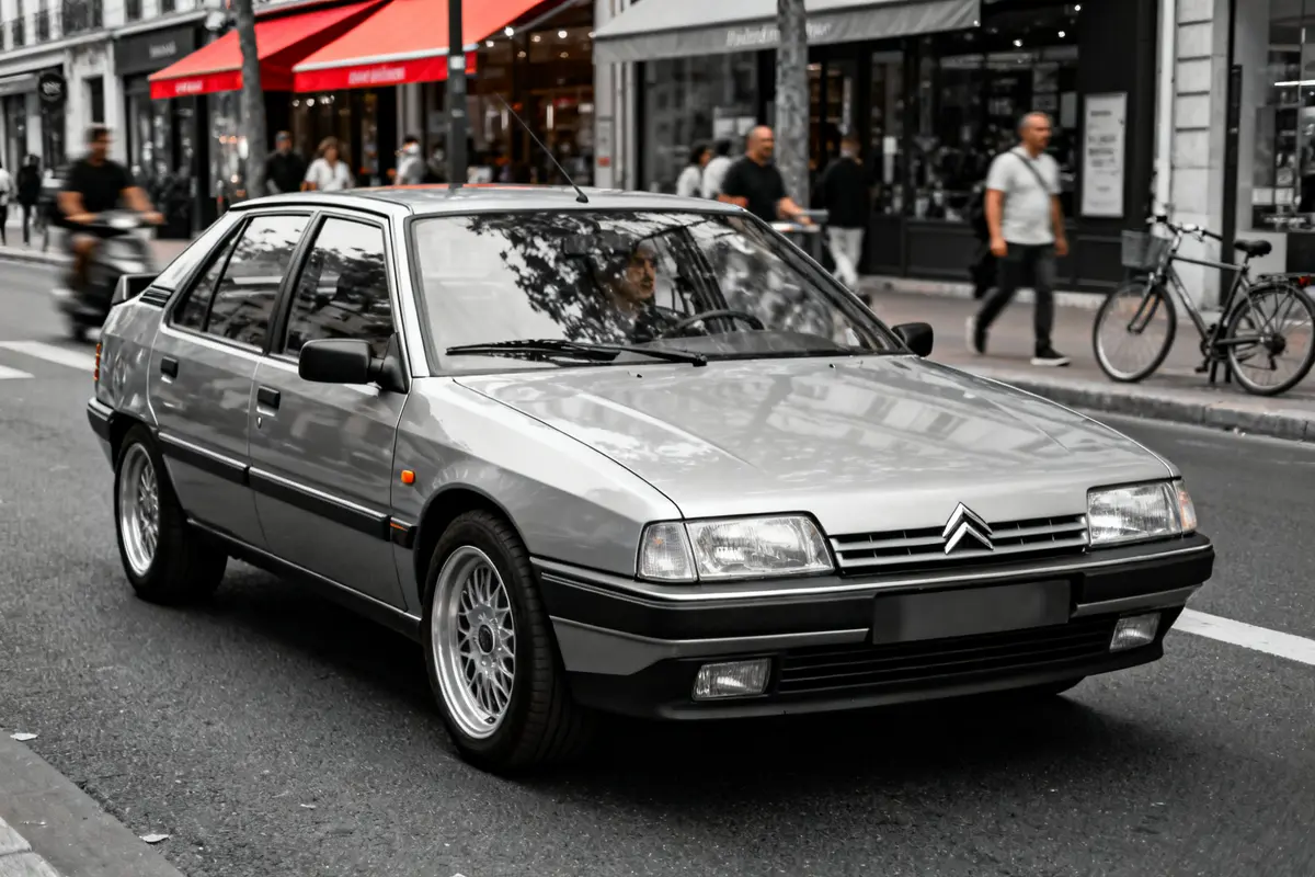 Voiture Citroën BX grise en mouvement sur une rue urbaine animée