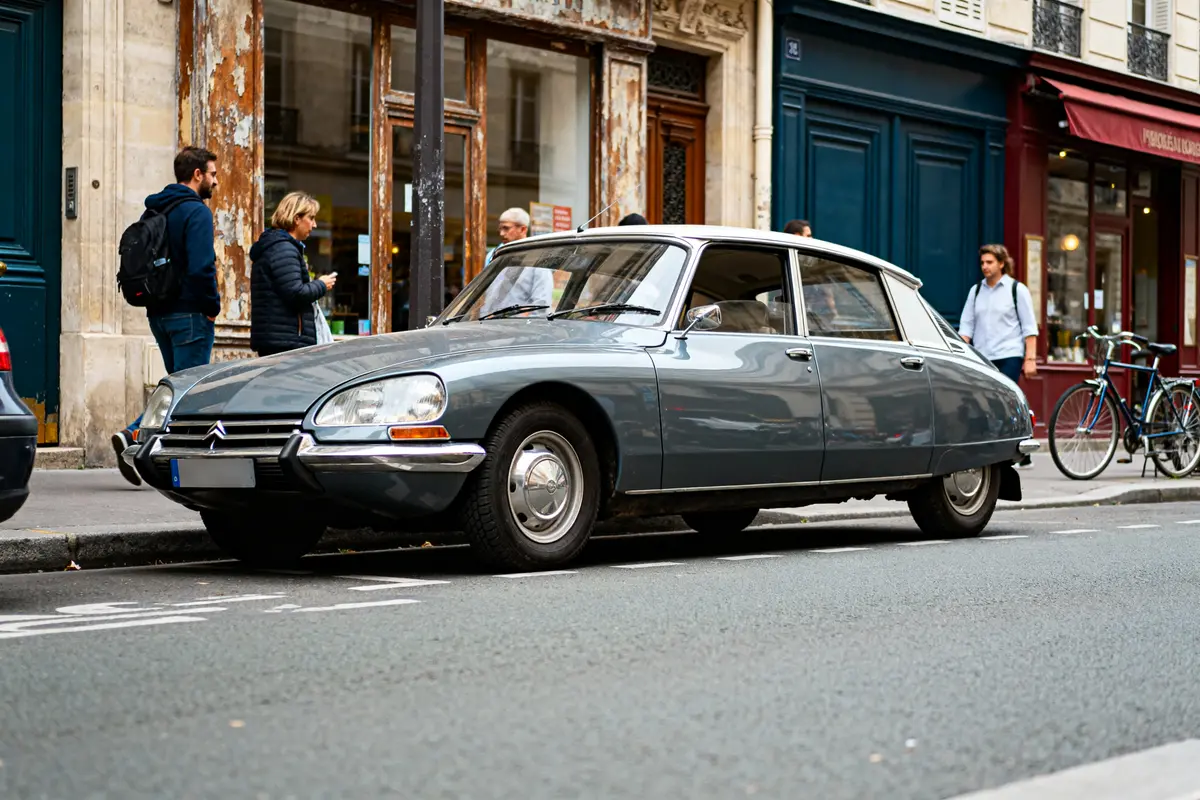 Voiture classique grise garée en ville, identifiée comme Citroën gs vintage.