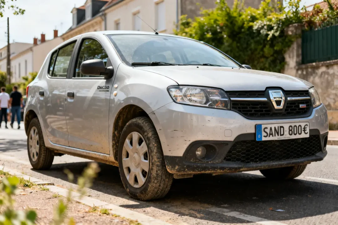Voiture Dacia Sandero neuve garée rue prix affiché 8000 euros sur la plaque