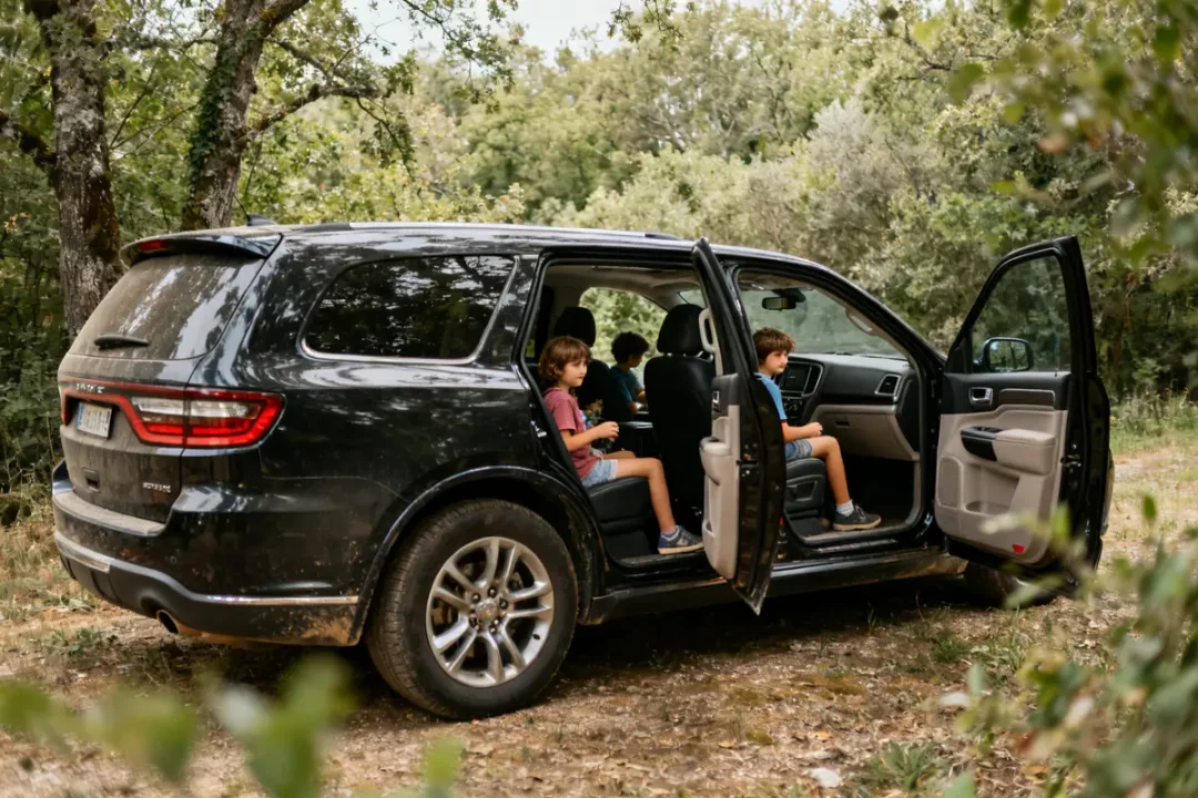 Enfants assis dans un Dodge Durango noir garé en forêt avec portes ouvertes