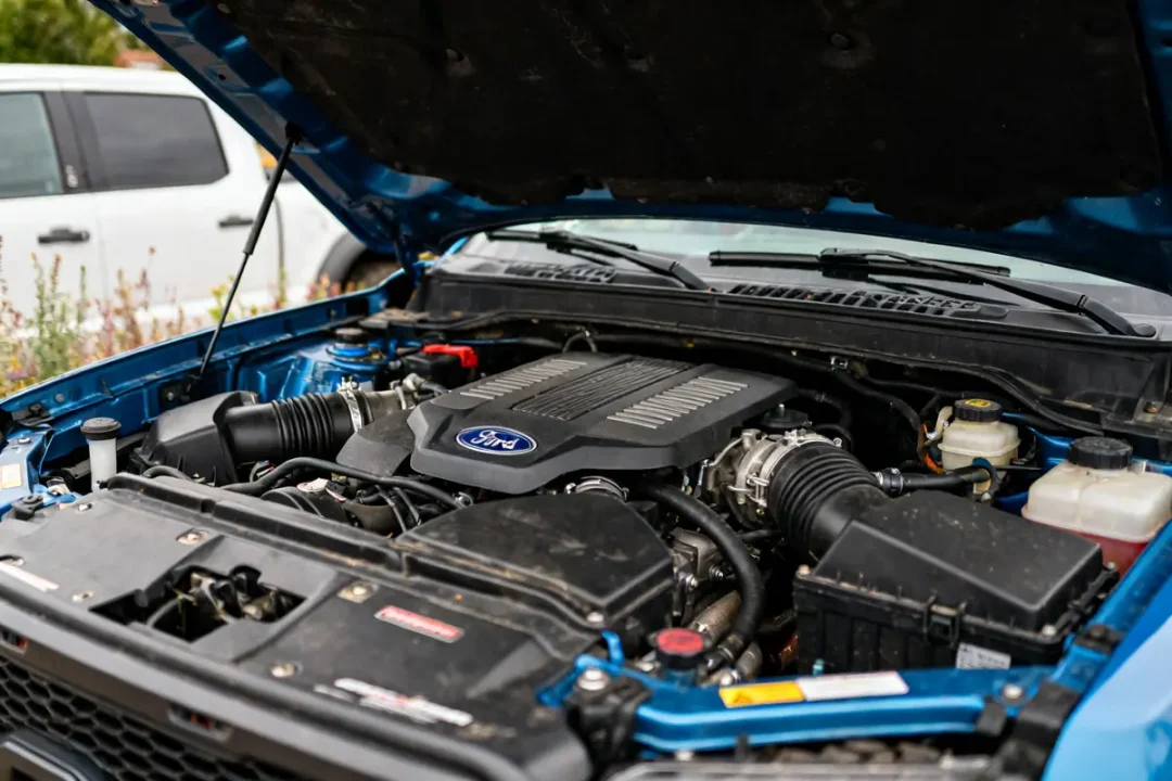 Moteur V6 sous le capot d'un Ford Raptor cab ouvert en extérieur