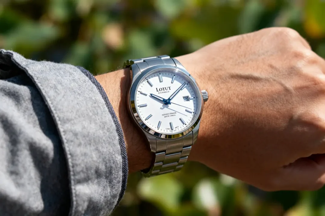 Montre-bracelet Lotus automatique en acier inoxydable sur un poignet avec chemise grise