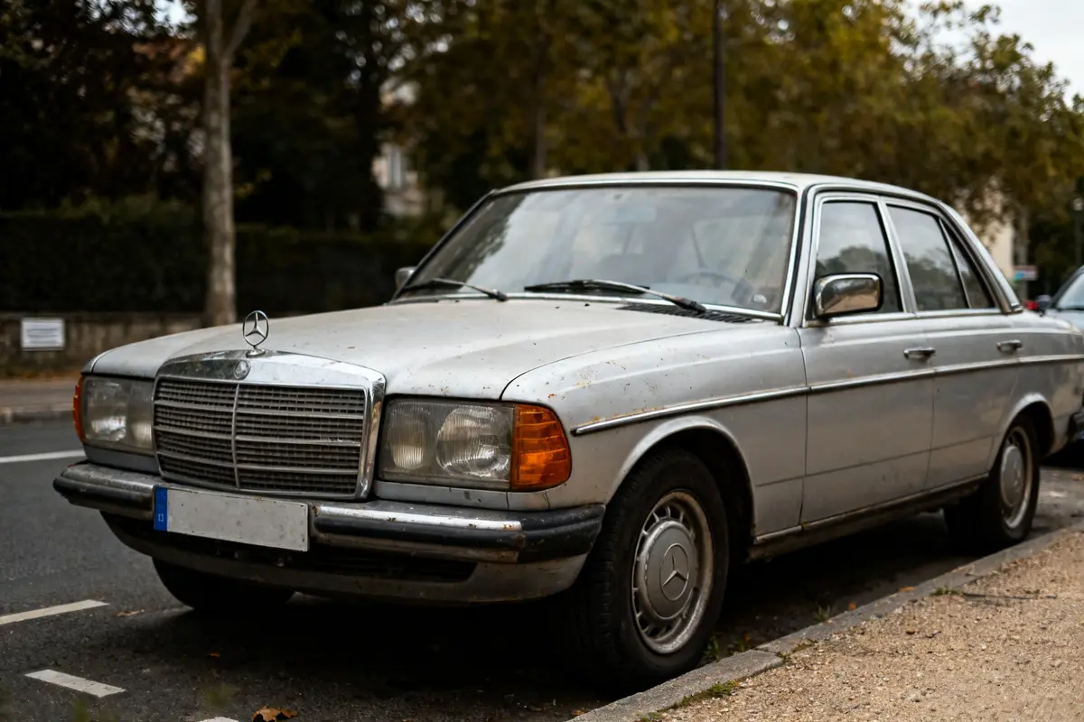 Ancienne Mercedes grise garée sur le bord de la route en milieu urbain