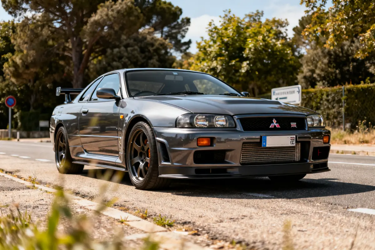 Voiture sportive grise sur route avec logo Mitsubishi GTR visible Ă l'avant