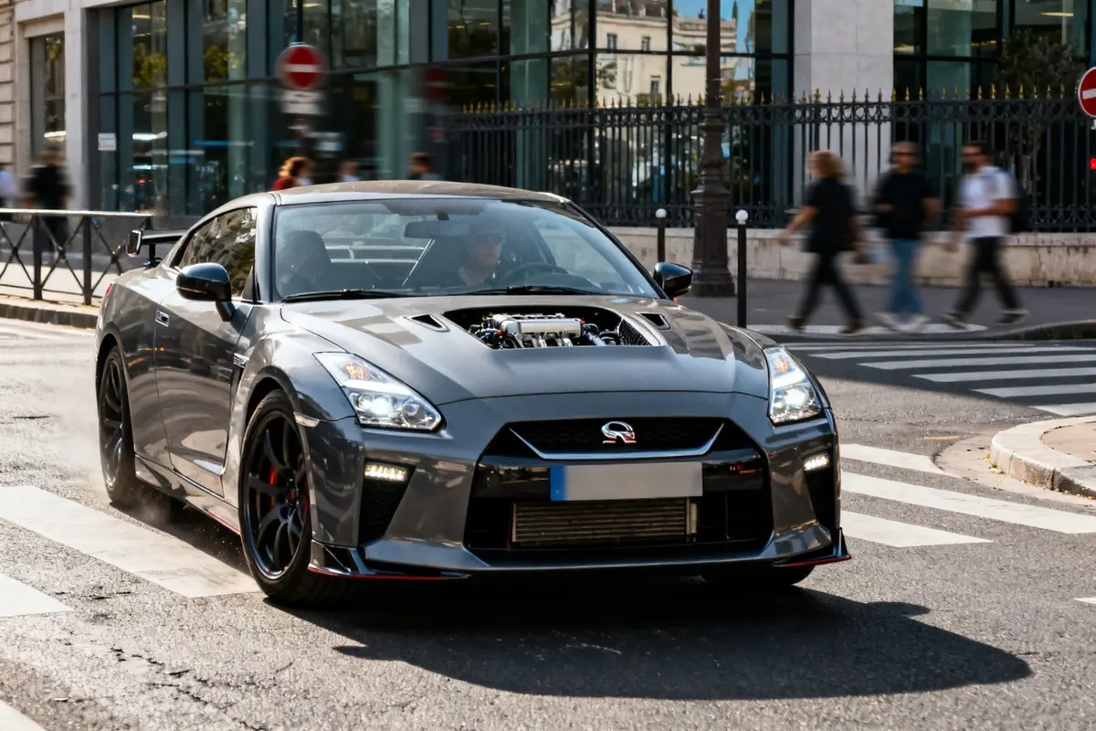 Nissan GTR R35 noire avec modifications moteur sur une route urbaine animée