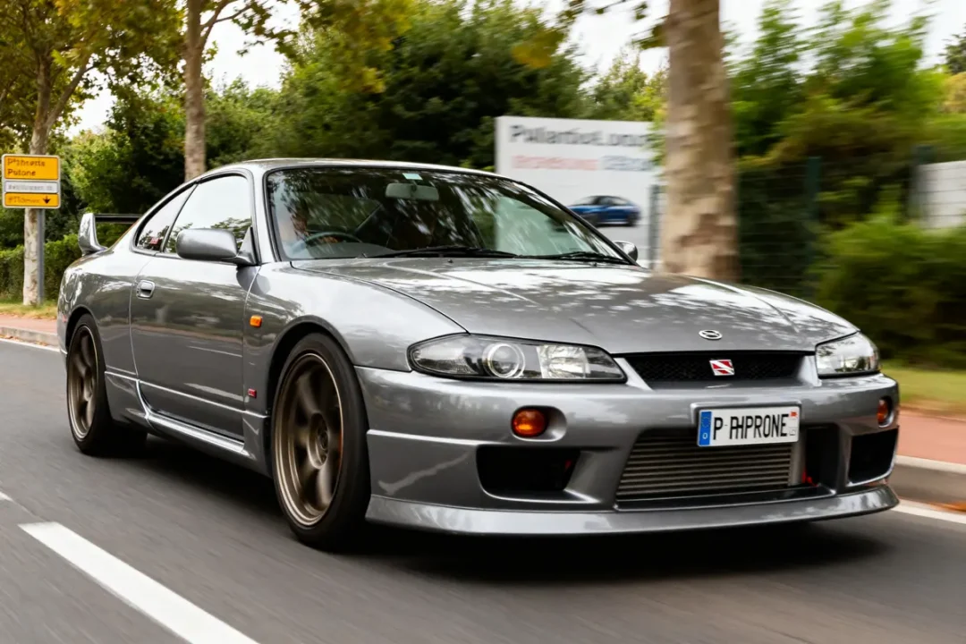 Voiture grise Nissan Silvia S15 roulant sur route bordée d'arbres verdoyants