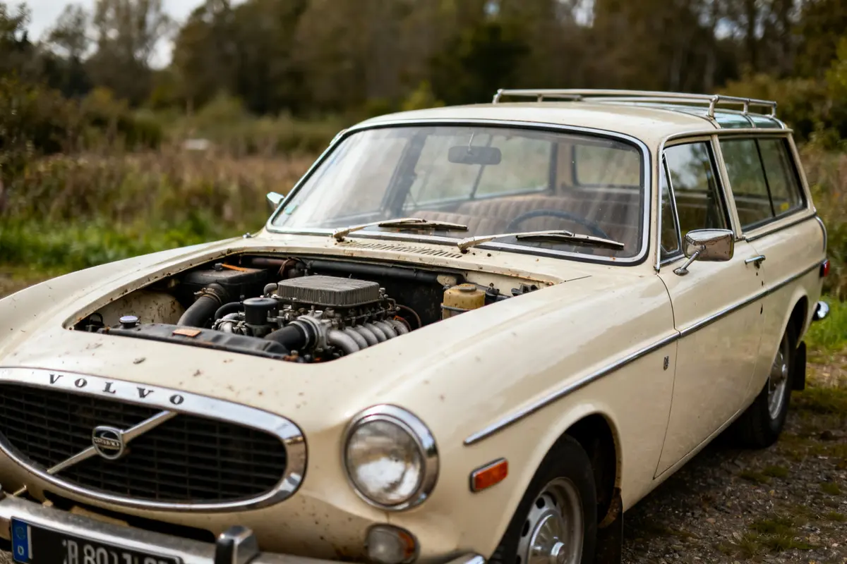 P1800 Volvo wagon beige avec capot ouvert montrant le moteur en pleine nature